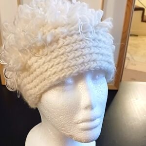 Reversible 3 ways vintage Acrylic white knitted hat hand Crocheted clear rings
